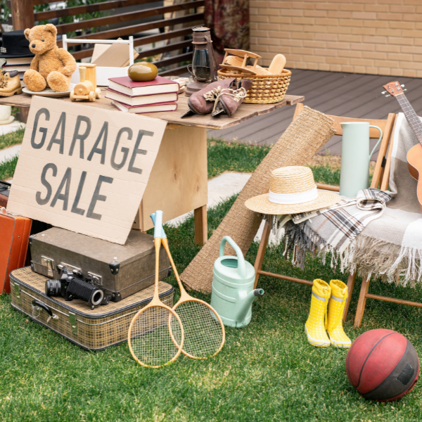 Different things are displayed on the backyard table and chairs with a garage sale concept.