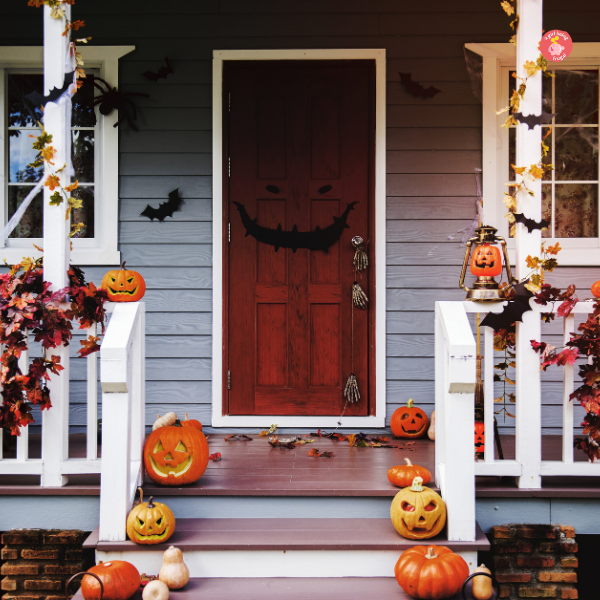 an image of a halloween decorated door of a house